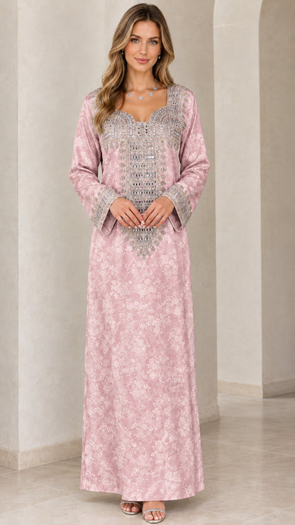 Dusty pink floor-length embroidered kaftan dress