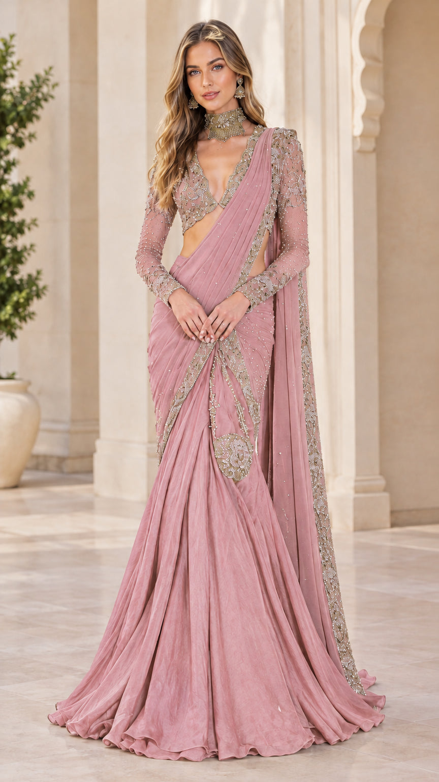 Front view of dusty pink pre-draped saree gown with embroidered borders