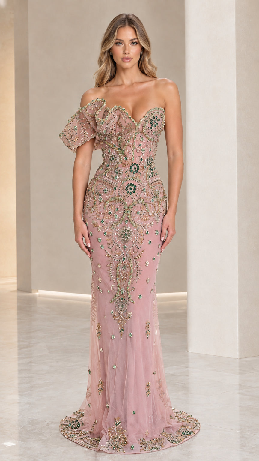 Dusty pink beaded mermaid formal gown with structural shoulder detailing