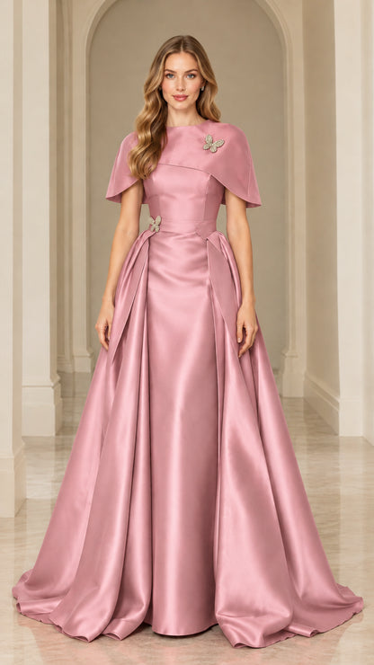 Dusty pink satin capelet formal dress with crystal embellishments