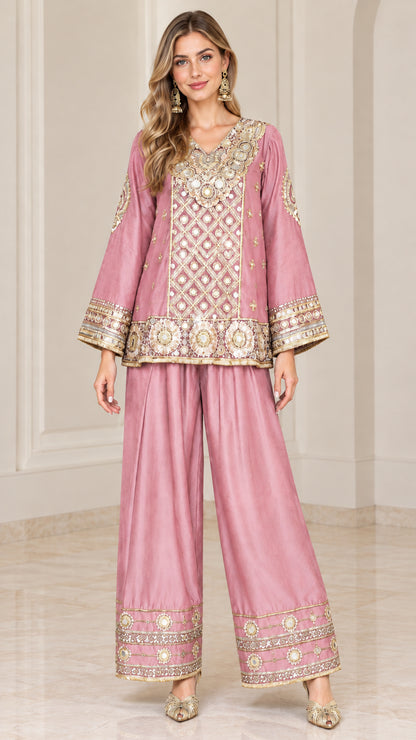 Front view of dusty rose embroidered tunic top and wide-leg trousers set