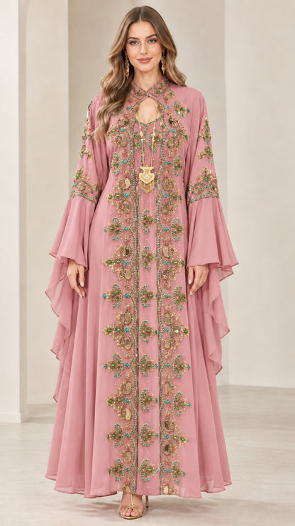 Dusty pink embroidered kaftan maxi dress front view