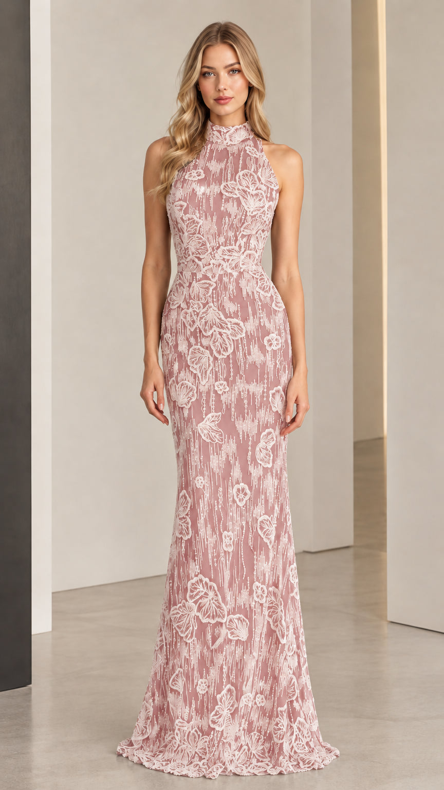Dusty pink floral halter neck maxi dress shown from the front