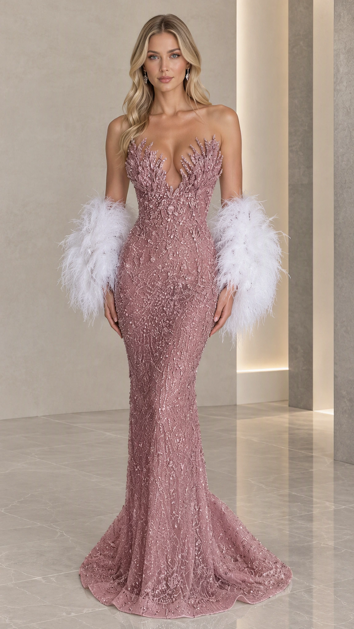 Front view of dusty rose strapless sequined mermaid evening dress