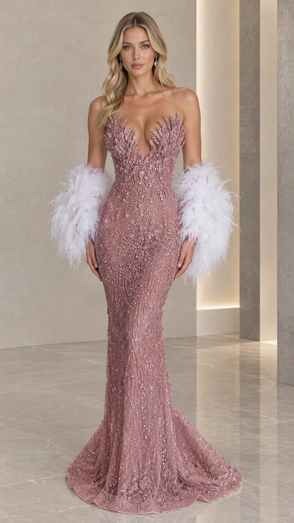 Front view of dusty rose strapless sequined mermaid evening dress