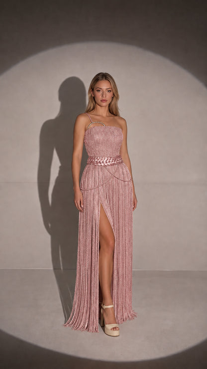 Dusty pink one-shoulder metallic fringe maxi gown