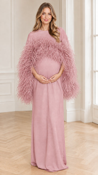Dusty pink feather trim capelet maternity maxi photoshoot dress