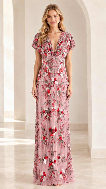 Front view of blush pink floral beaded V-neck formal dress