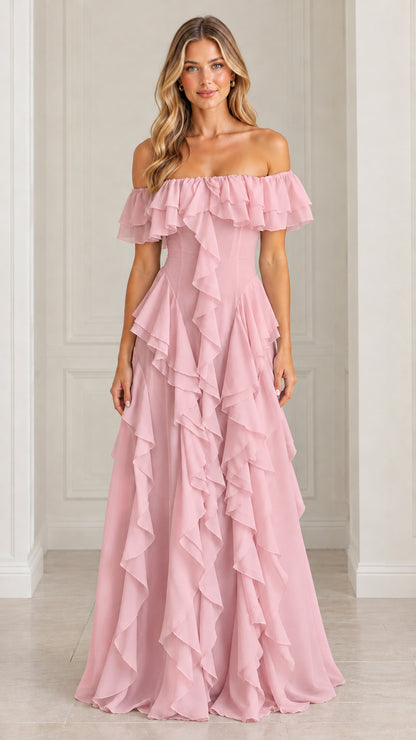 Front view of blush pink off-the-shoulder cascading ruffle floor-length gown