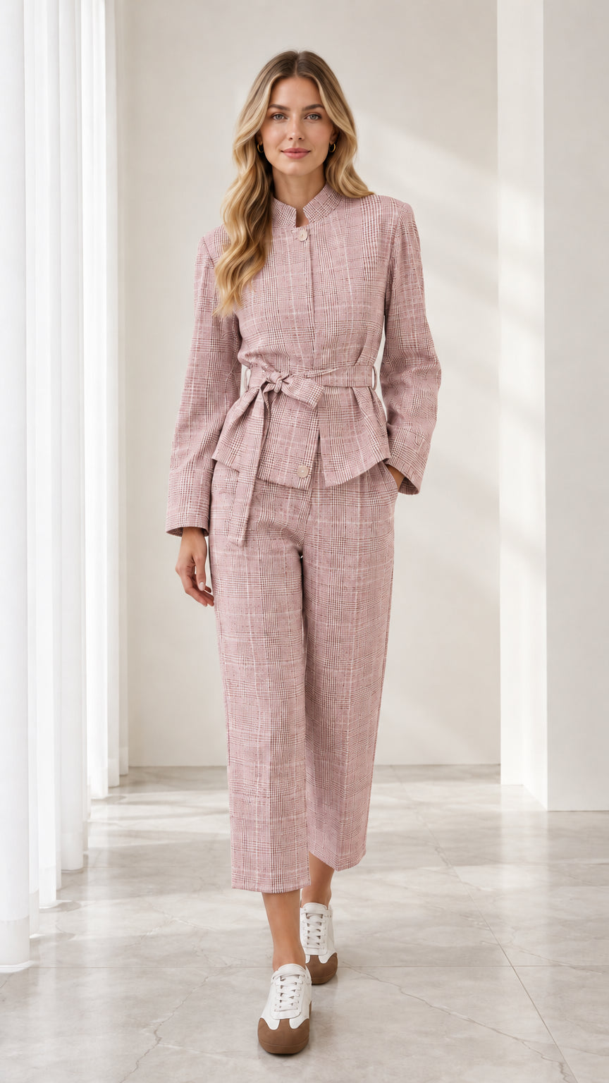 Full front view of model wearing blush pink plaid belted jacket and cropped trouser set