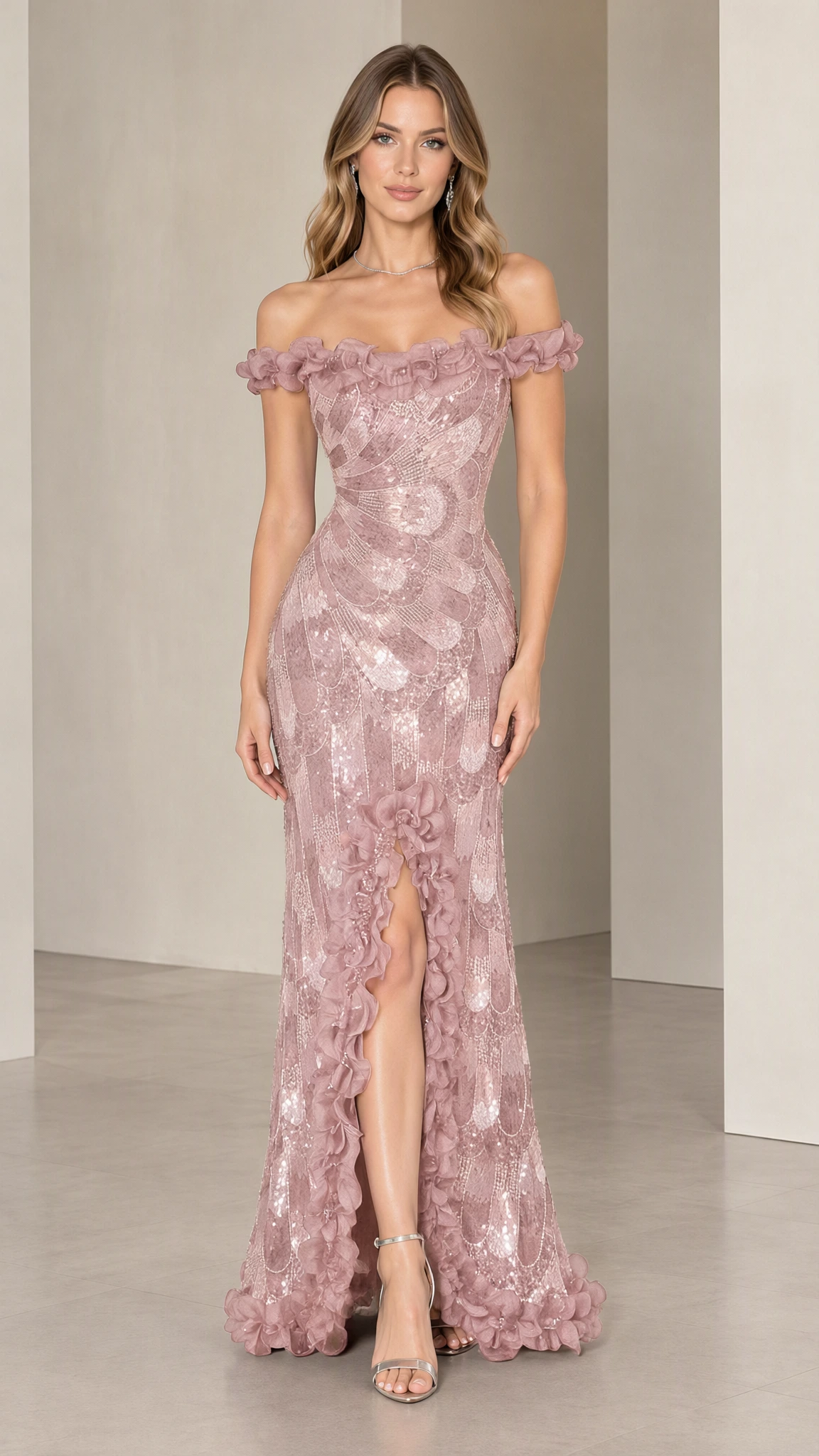 Dusty rose off-the-shoulder sequined evening gown with rosette slit trim