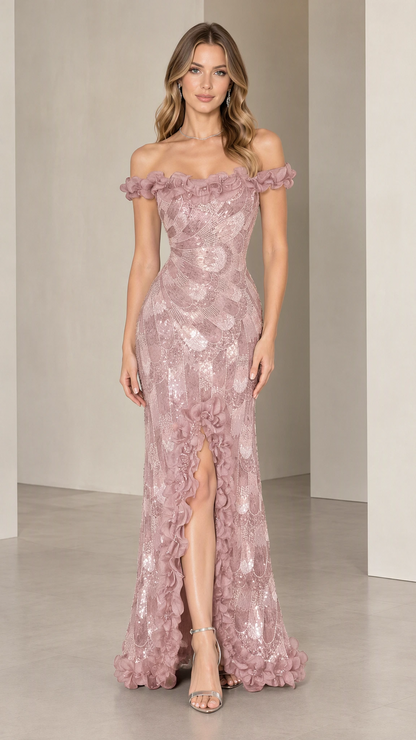 Dusty rose off-the-shoulder sequined evening gown with rosette slit trim
