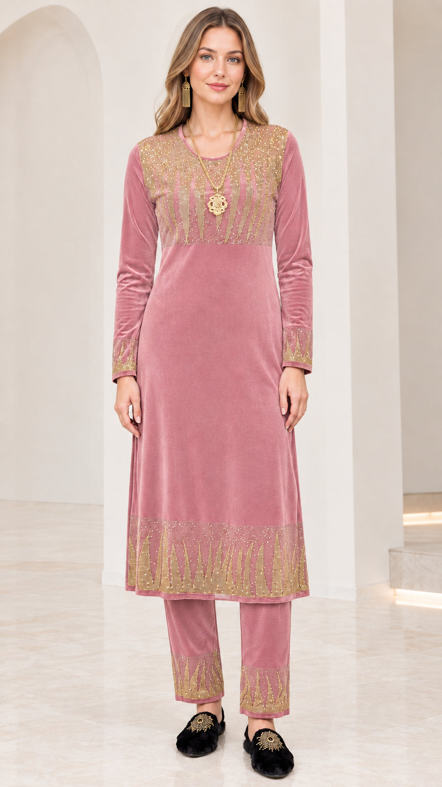 Full front view of women's mauve pink velvet tunic and pant set with gold embellishment
