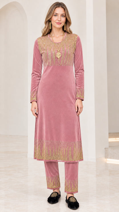 Full front view of women's mauve pink velvet tunic and pant set with gold embellishment