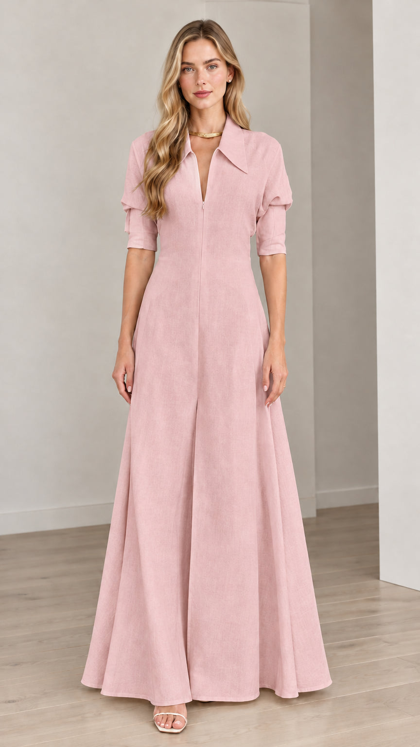 Front view of model wearing a Blush Pink collared wide-leg maxi jumpsuit