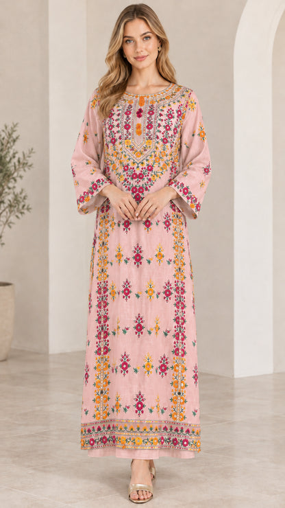 Front view of blush pink floral embroidered maxi kaftan dress