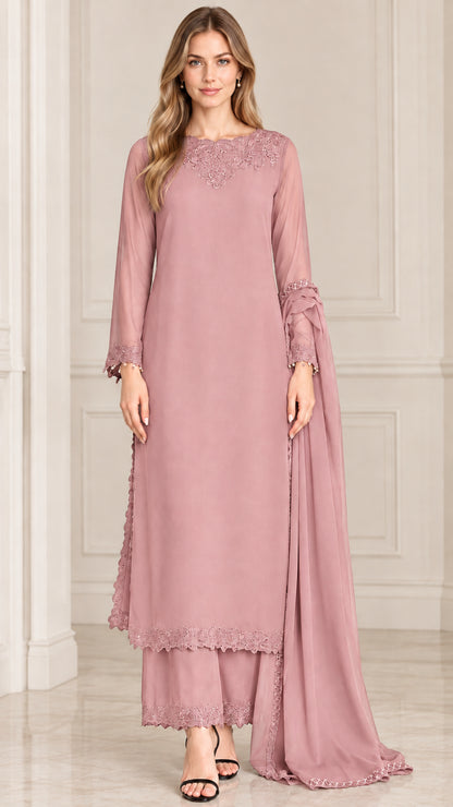Dusty Rose embroidered chiffon 3-piece formal pant set with scarf