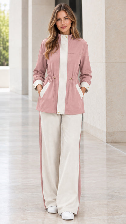 Dusty Pink contrast trim two-piece jacket and wide-leg pant set