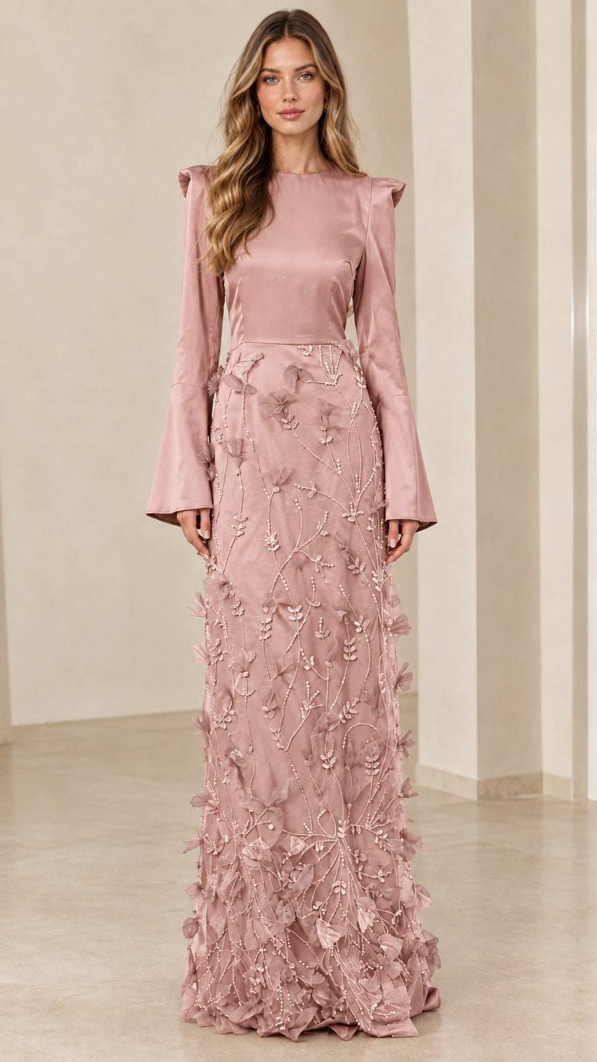 Full front view of the formal evening maxi dress in Dusty Pink