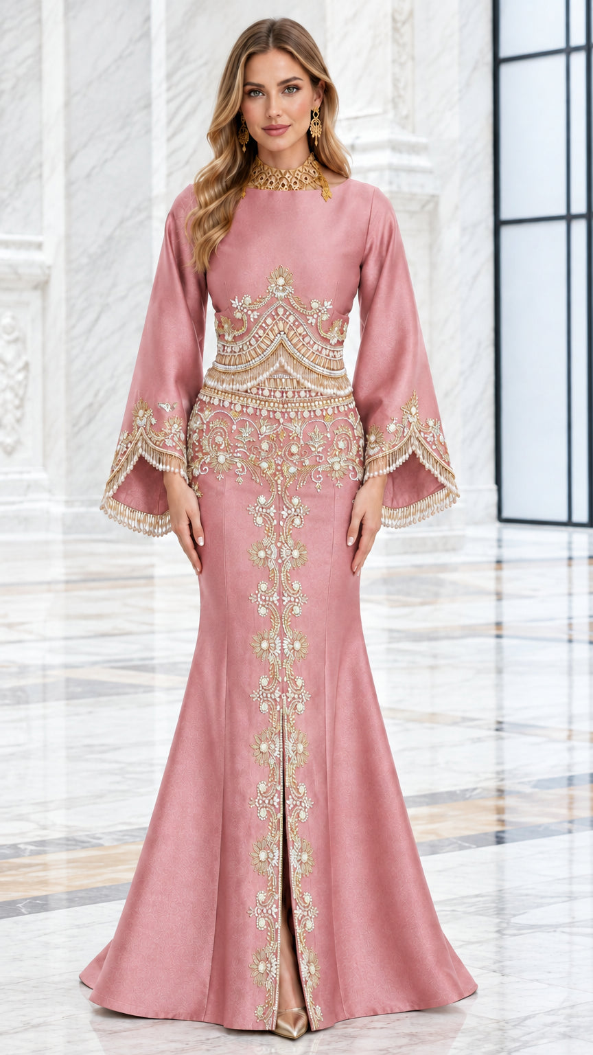 Dusty rose embellished mermaid evening gown shown from the front