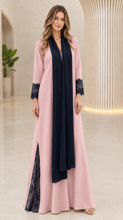 Front full-length view of dusty pink lace-trim modest maxi abaya dress
