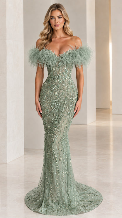 Front view of sage green off-the-shoulder beaded mermaid evening gown with feather trim