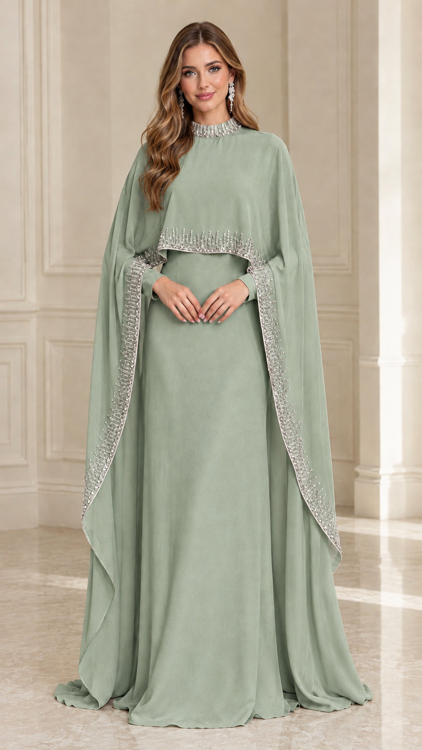 Front view of Sage Green beaded cape sleeve formal evening maxi dress
