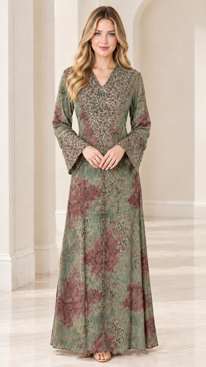 Front view of woman wearing sage green patterned long sleeve maxi dress