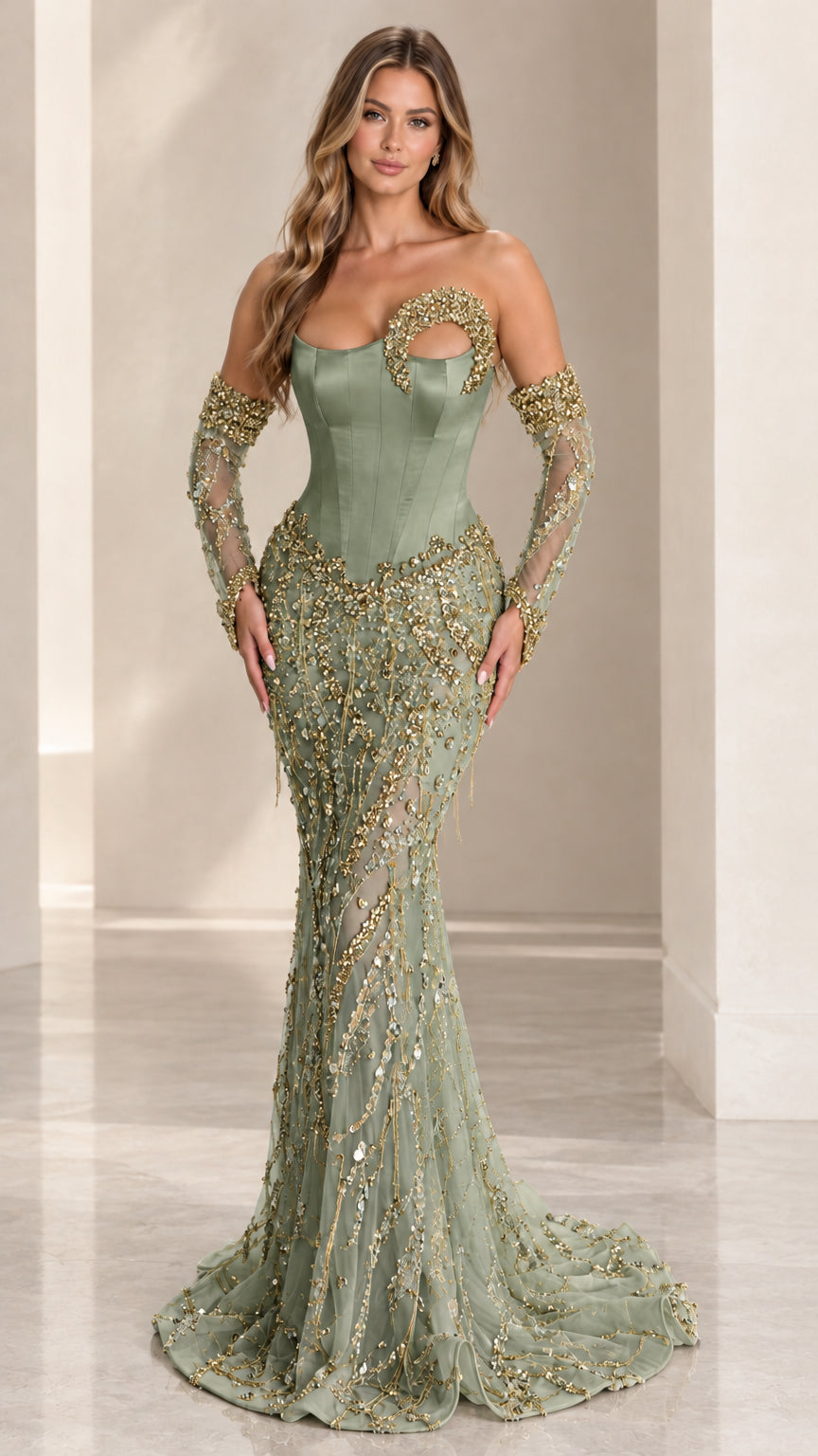Sage green formal mermaid evening dress with crystal trim and sleeves