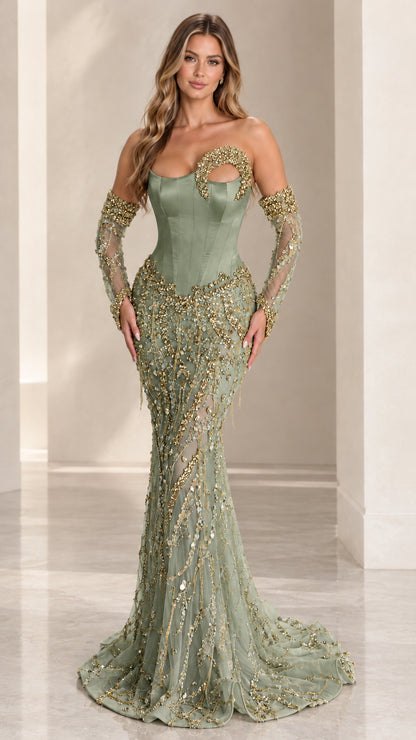 Sage green formal mermaid evening dress with crystal trim and sleeves