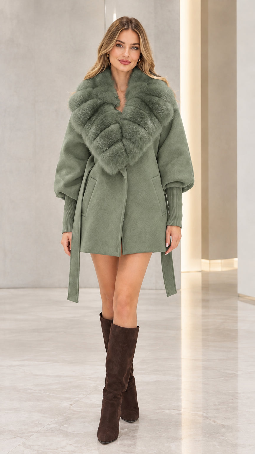 Front view of model wearing the sage green belted wrap coat with faux fur collar