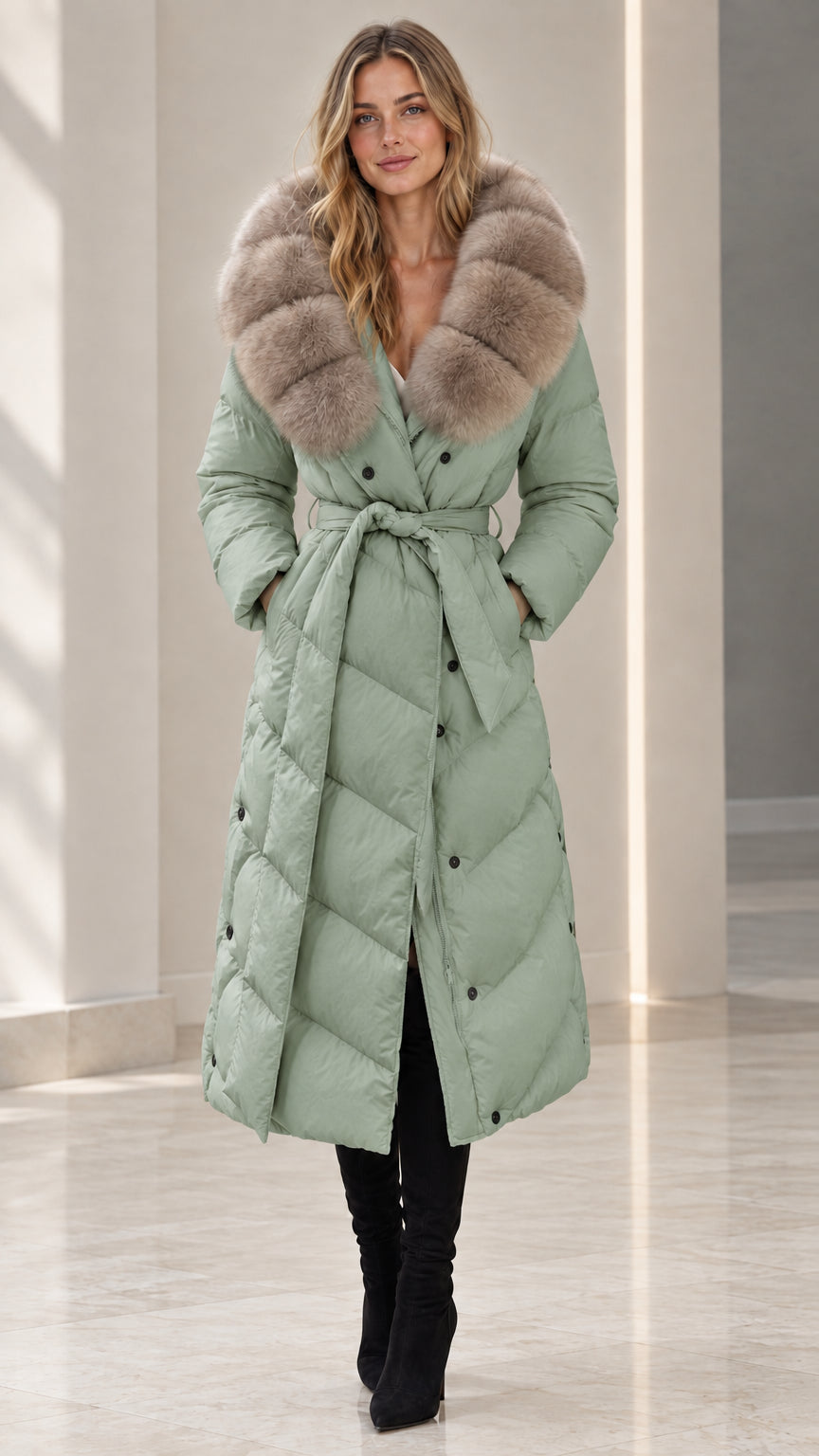 Front full-length view of woman wearing sage green belted maxi puffer coat with plush fur collar