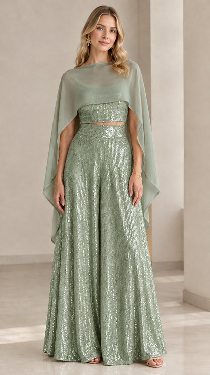 Sage green sequin bandeau crop top and palazzo trousers with matching sheer cape