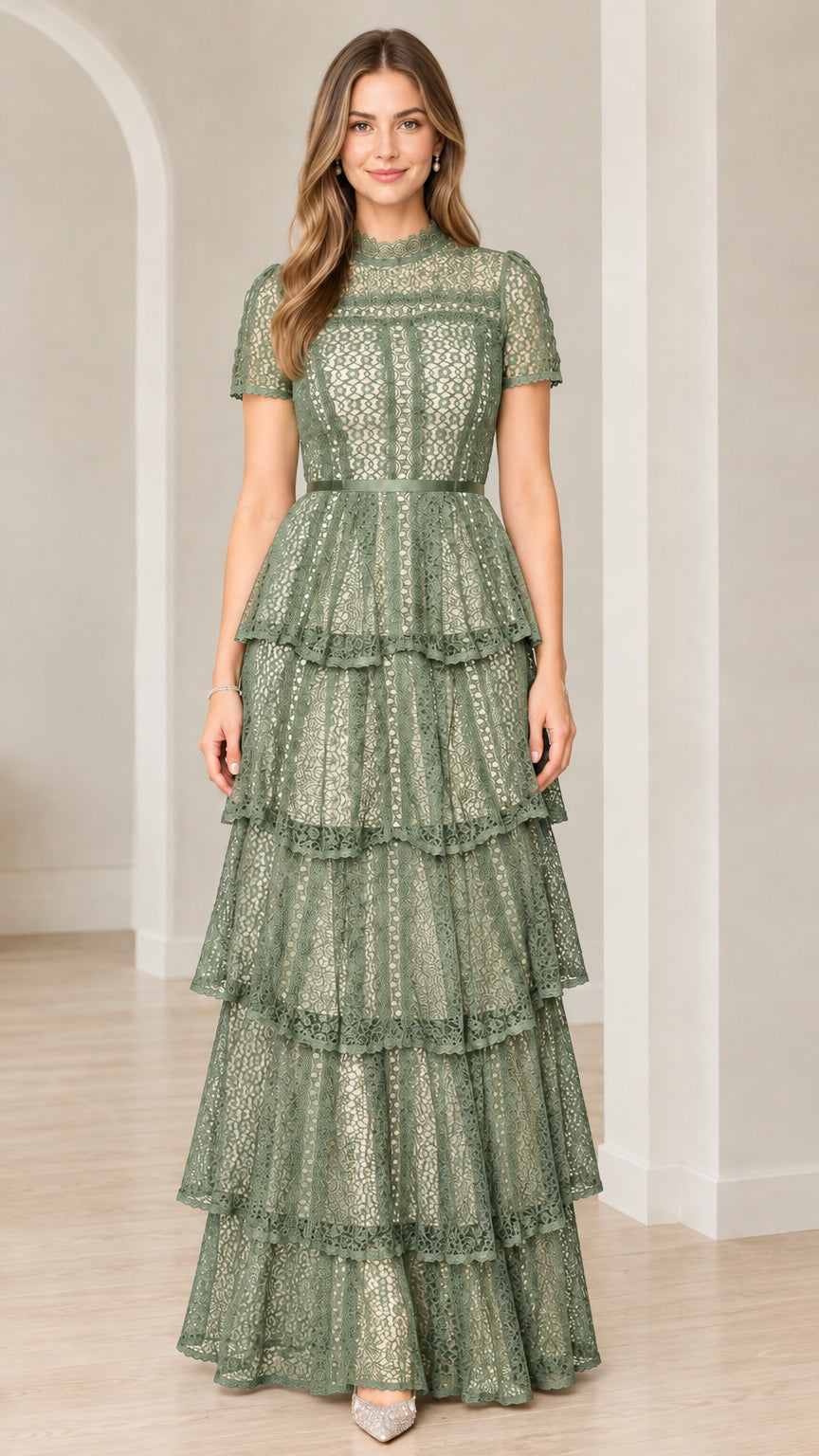 Front view of model wearing Sage Green short sleeve tiered lace maxi dress