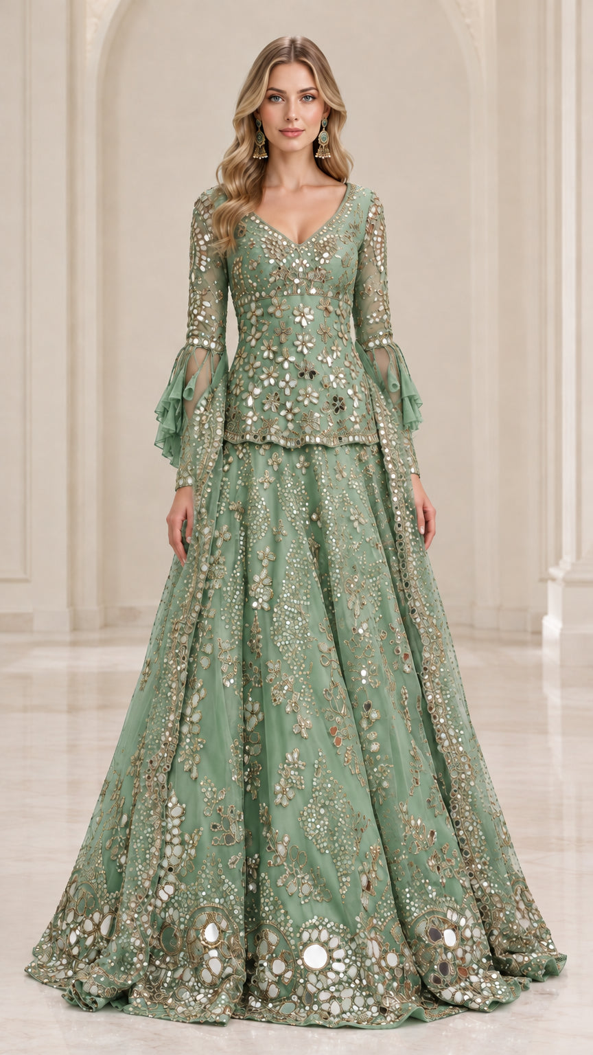 Front view of model wearing Sage Green embellished evening gown