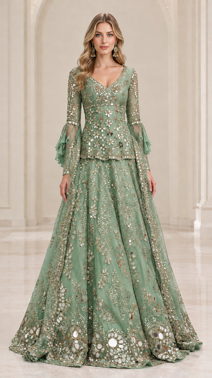 Front view of model wearing Sage Green embellished evening gown