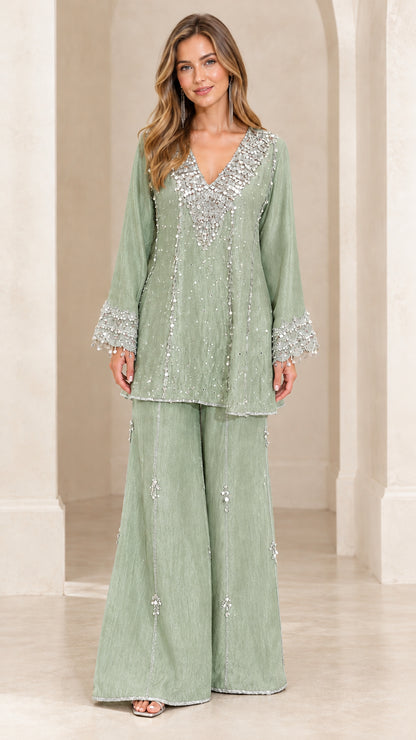 Front view of sage green sequin-detailed tunic top and palazzo trousers set