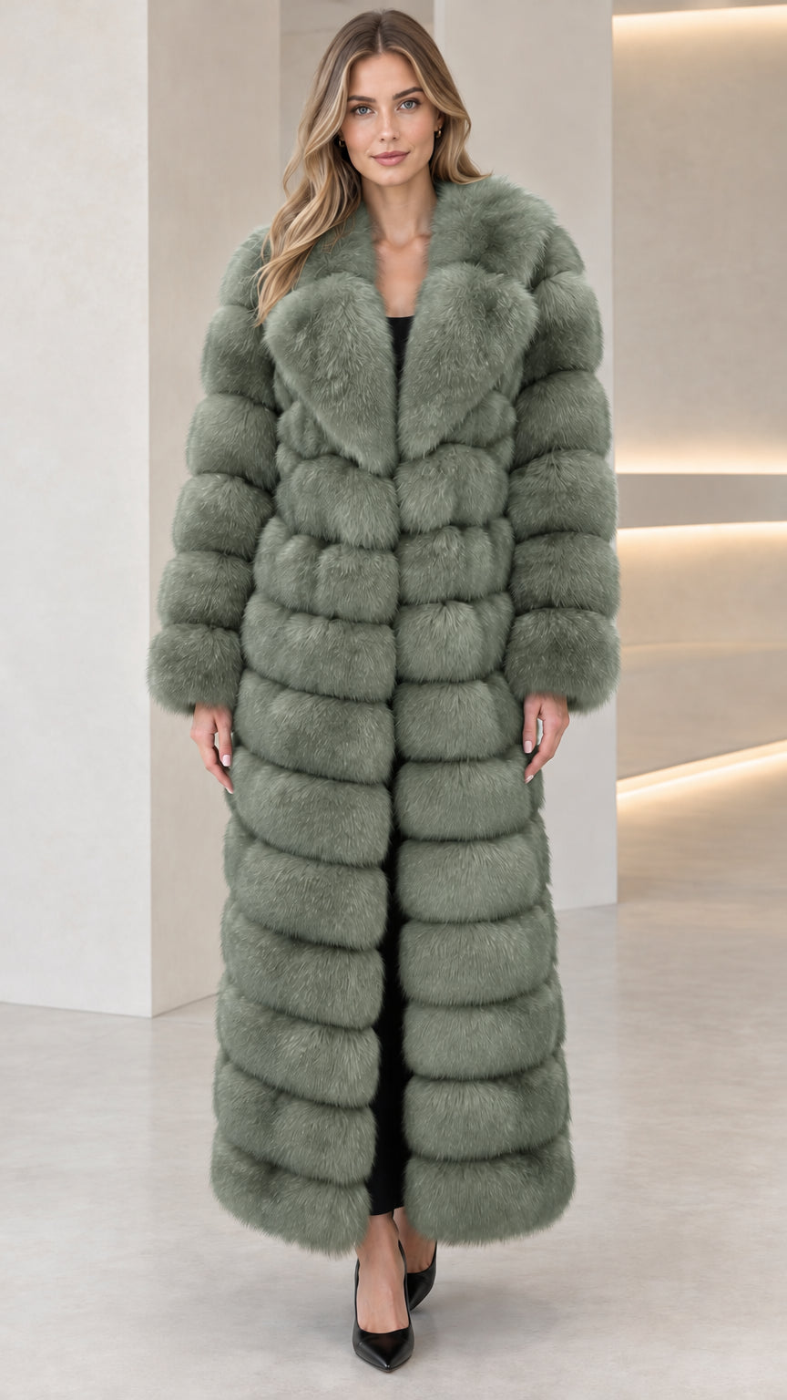 Full-length sage green tiered faux fur maxi coat front view