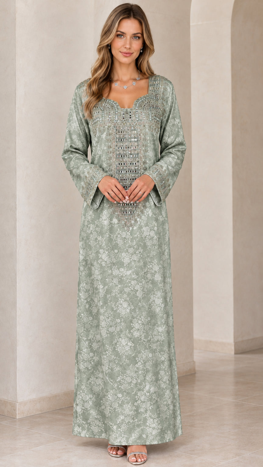 Sage green embroidered long sleeve evening maxi dress