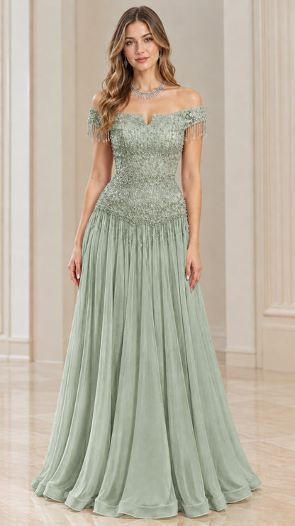Sage Green off-the-shoulder beaded formal gown front view