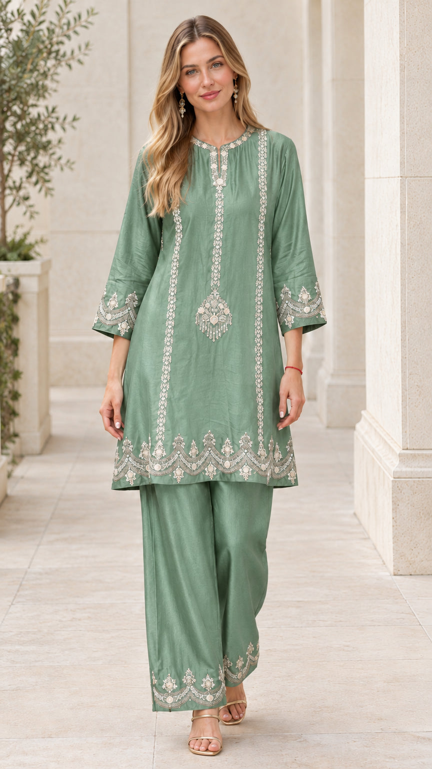 Front full-length view of sage green embroidered tunic and wide-leg trousers set