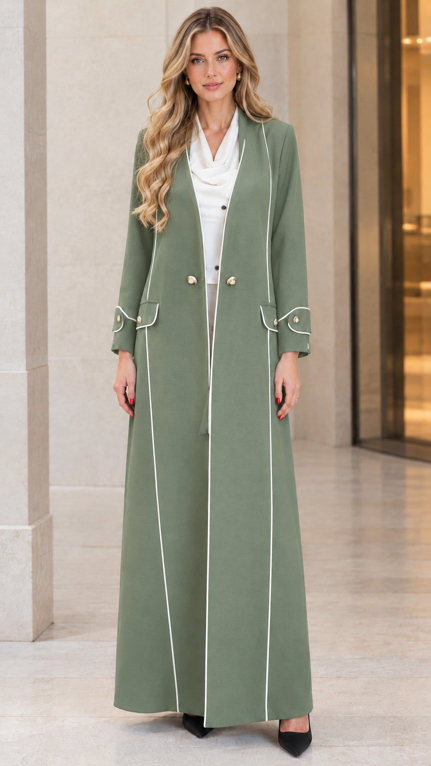 Front view of woman wearing sage green tailored maxi duster coat with contrast trim