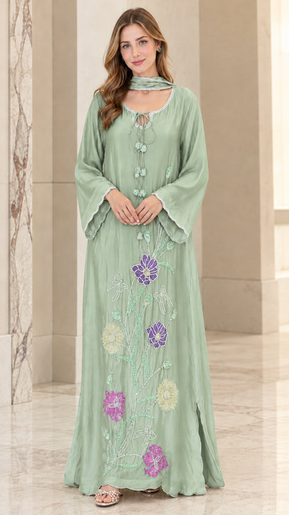 Front view of woman wearing Sage Green beaded floral kaftan maxi dress
