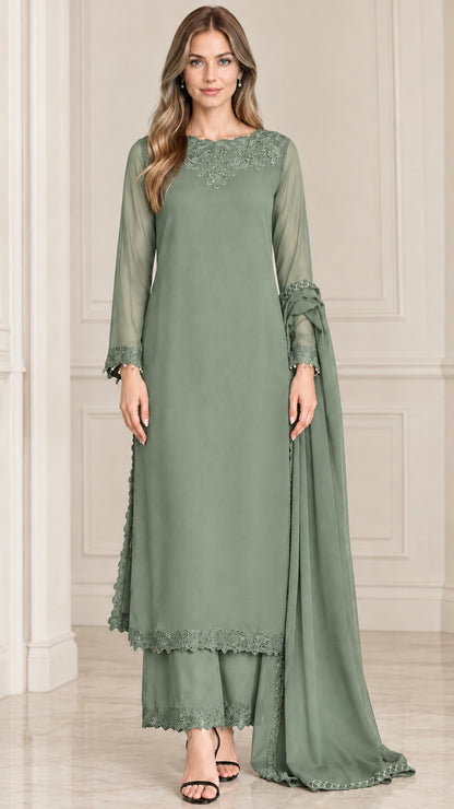 Sage Green embroidered chiffon 3-piece pant set for wedding guest