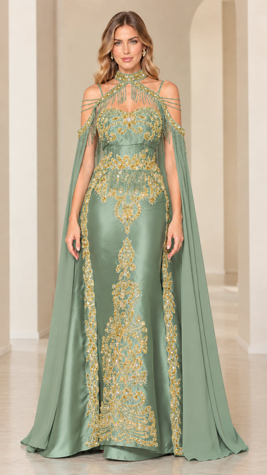Sage green halter neck formal dress with gold baroque embroidery and cape