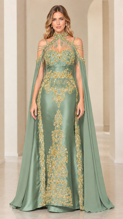 Sage green halter neck formal dress with gold baroque embroidery and cape