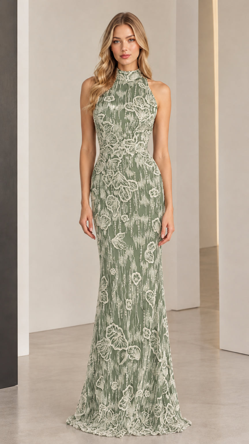 Sage green floral halter neck maxi dress shown from the front