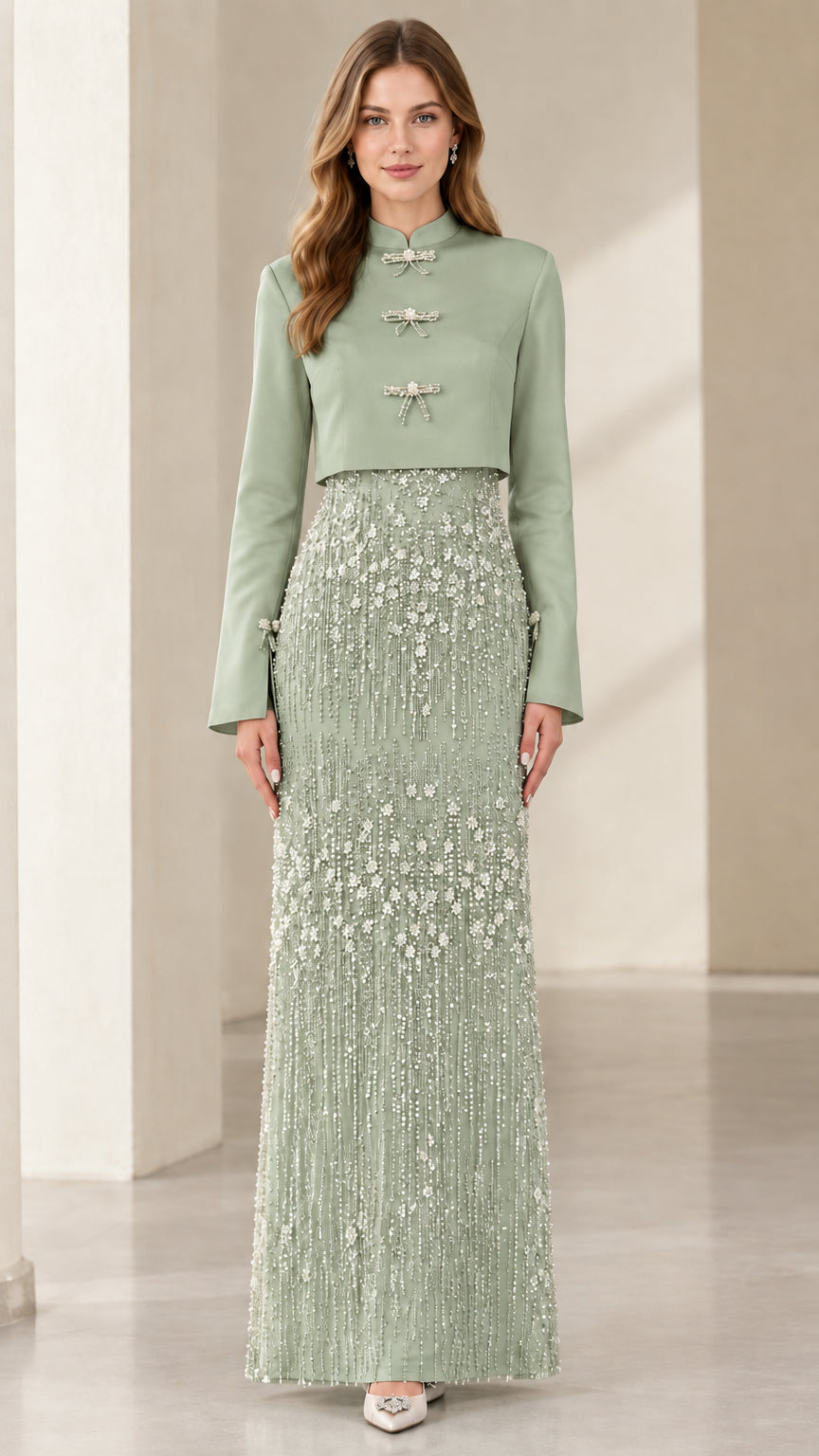 Model wearing Sage Green tailored cropped jacket and beaded evening column skirt