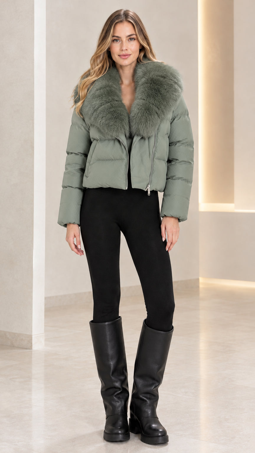 Front full view of woman modeling Sage Green cropped puffer jacket with matching plush collar
