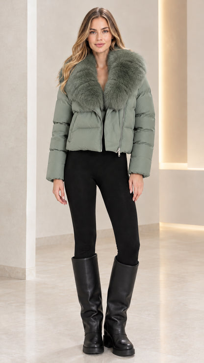 Front full view of woman modeling Sage Green cropped puffer jacket with matching plush collar